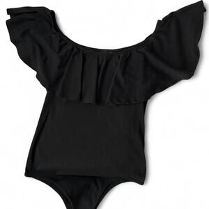 Packroe Black Ribbed Body Suit Ruffled Off Shoulder Sleeves M Festival Glam Goth